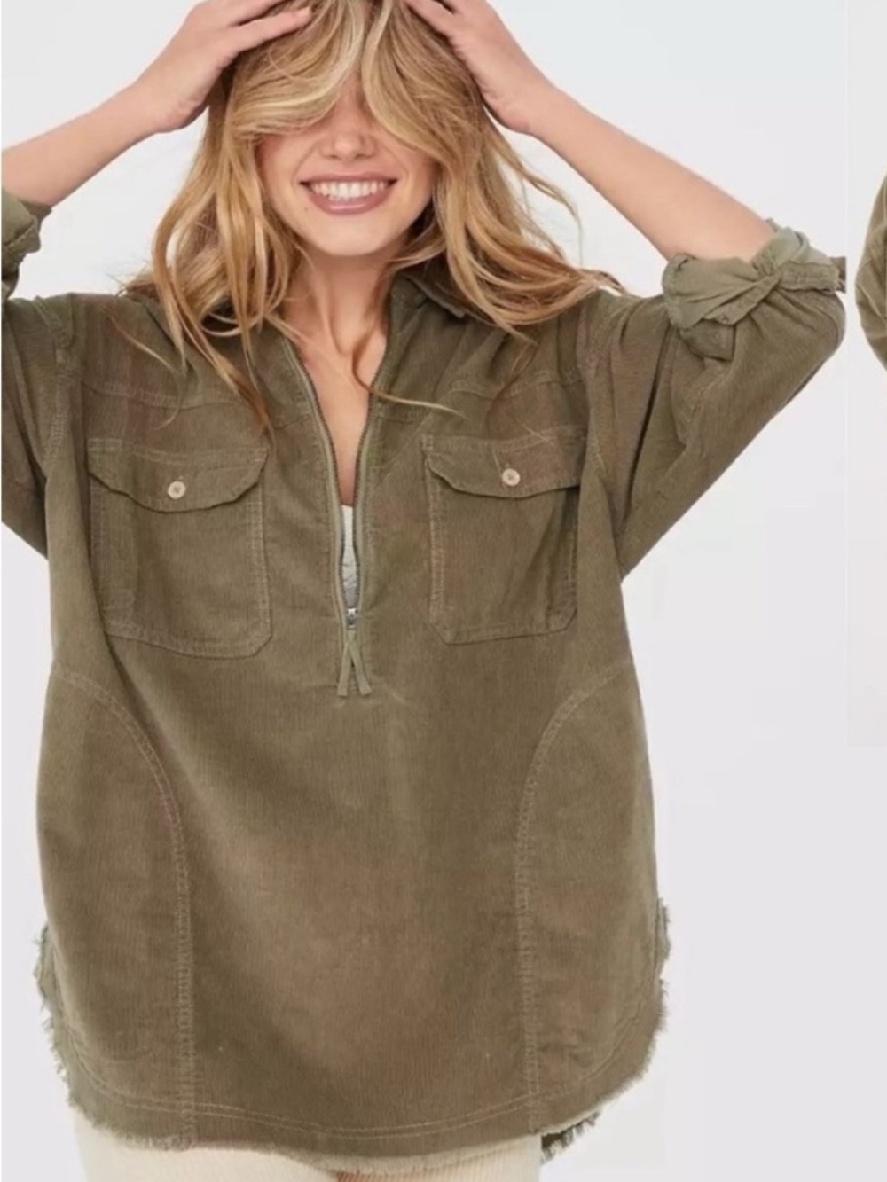 Offline by Aerie Corduroy Shacket - Medium - 
Olive Green Quarter Zip Frayed Hem